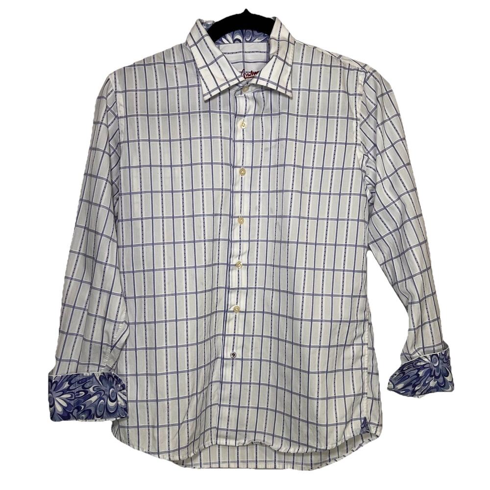 Robert Graham Shirt Boys Size L 14-17 White Blue Geometric Flip Cuff Button Down